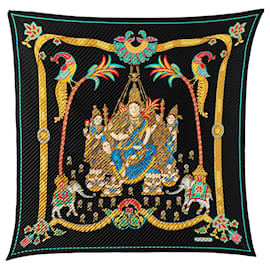 Hermès-Hermès Black India Print Pleated Silk Scarf-Black