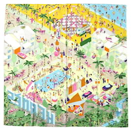 Hermès-Écharpe en soie multicolore Hermes Carre 90 sur la plage-Bleu,Vert,Jaune
