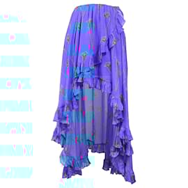 Autre Marque-Caroline Constas Printed Ruffled Asymmetric Hem Adelle Midi Skirt in Blue Silk-Other