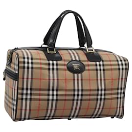 Autre Marque-Burberrys Nova Check Boston Bag Leather Canvas Beige Black gold Auth am7839-Black,Beige,Golden