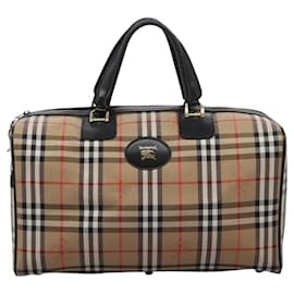 Autre Marque-Burberrys Nova Check Boston Bag Leather Canvas Beige Black gold Auth am7839-Black,Beige,Golden