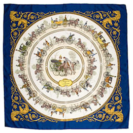 Hermès-Hermès Carré 90 "LA PROMENADE DE LONGCHAMPS" 100% Silk Scarf in Navy Blue-Blue