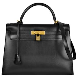 Hermès-Hermes Kelly 32 Handbag in Black Box Calf Leather-Black