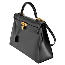 Hermès-Sac à main Hermes Kelly 32 en cuir de veau noir box-Noir