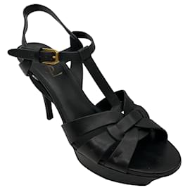 Saint Laurent-Saint Laurent Black Smooth Leather Tribute Platform Sandals-Black