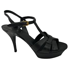 Saint Laurent-Saint Laurent Black Smooth Leather Tribute Platform Sandals-Black