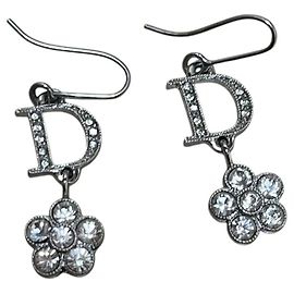 Christian Dior Rhinestone Crystal Flower Dangle Earrings Silver Silvery
