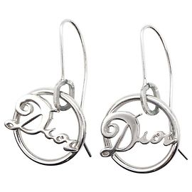 Christian Dior Silver Cursive Circle Logo Earrings Silvery