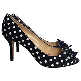 Oscar De La Renta Polka Dot Peep Toe Pumps in Black Satin Black