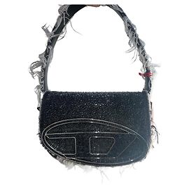 Bolsa Diesel 1DR Cinza Escuro em Denim e Couro com Cristais Cinza antracite