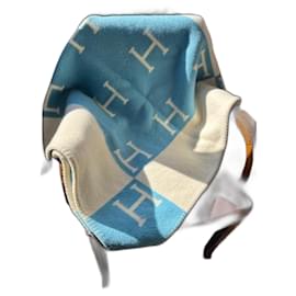 Hermès-Avalon baby blanket plaid by Hermès-White,Blue