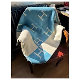 Hermès-Avalon baby blanket plaid by Hermès-White,Blue