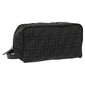 Fendi-FENDI Zucca Canvas Clutch Bag Black Silver Auth 114748-Black,Silvery