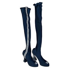 Botas de seda Chanel até a coxa azul marinho e branco Branco Azul marinho