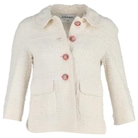 Chanel- Chanel Round Collar Single-Breasted Blazer in White Tweed Cotton-White,Cream