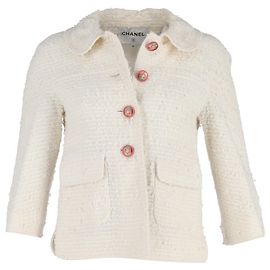 Blazer à simple boutonnage à col rond Chanel en coton tweed blanc Blanc Écru