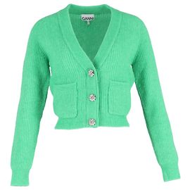 Ganni Strickjacke aus grüner Merinowolle mit Kristallverzierungen Grün