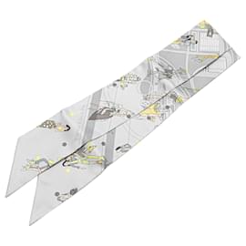 Hermès-Hermès Gray Ex-Libris Les Parisiennes Twilly Silk Scarf-Brown