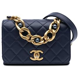 Chanel-Chanel Blue Mini Quilted Calfskin Pearl Boy Chain Flap-Blue,Navy blue