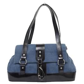 Céline-VINTAGE CELINE TOTE BAG WITH CLIP DENIM AND PATENT LEATHER BAG-Blue