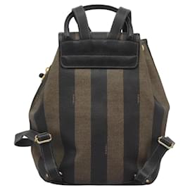 Fendi-FENDI Pecan Canvas Backpack Brown Black gold Auth yb739-Brown,Black,Golden