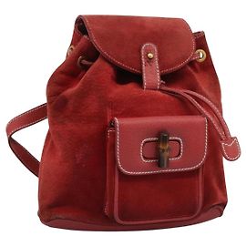 GUCCI Bamboo Backpack Suede Leather Red Gold 003 2852 0030 0 Auth th5663 Red Golden