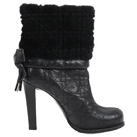Dior Black Leather Cannage Ice Fur Cuffed Boots, Size 40 EU Black