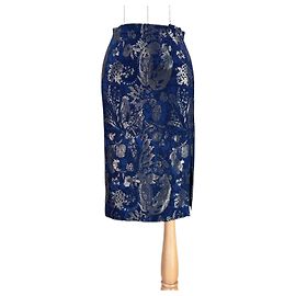 Saia midi de seda Escada Couture azul e dourada com flores Azul Dourado
