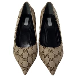 Balenciaga-Balenciaga X Gucci GG Monogram Square Knife 80mm Pumps in Beige Canvas-Beige