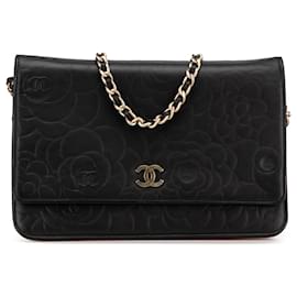 Chanel-Chanel Black Lambskin Camellia Embossed Wallet On Chain-Black