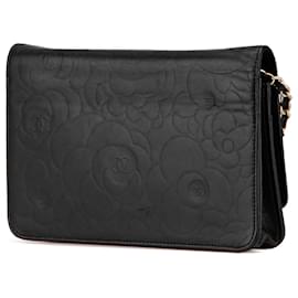 Chanel-Chanel Black Lambskin Camellia Embossed Wallet On Chain-Black