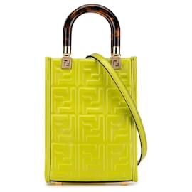 Fendi-Fendi Green Mini Zucca Embossed Leather Sunshine Shopper Tote-Golden,Green