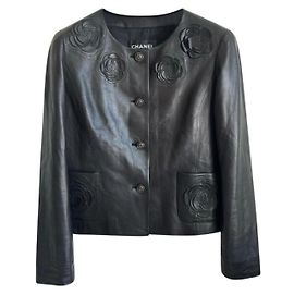 Chanel 13K$ Camellia Applique Black Leather Jacket Black
