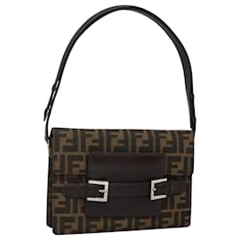 Fendi-FENDI Zucca Canvas Shoulder Bag Brown Black Silver Auth 114885-Brown,Black,Silvery