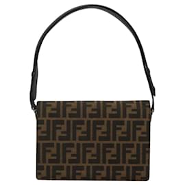 Fendi-FENDI Zucca Canvas Shoulder Bag Brown Black Silver Auth 114885-Brown,Black,Silvery
