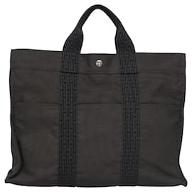 Hermès-HERMES Sac Tote Her Line MM Toile Gris Argent Auth kk445-Marron,Argenté