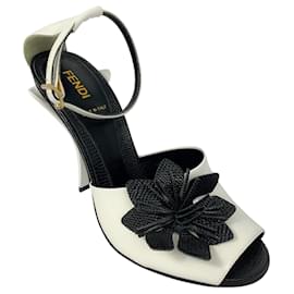 Fendi-Fendi White / Black Floral Applique Patent Leather Sandals-White