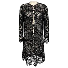 Autre Marque-Libertine Crystal Embellished Black Lace Open Front Coat-Black