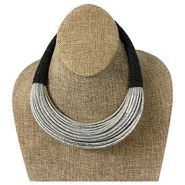 Brunello Cucinelli Silver Metallic / Charcoal Monili Bead Embellished Leather Toggle Choker Necklace Silvery