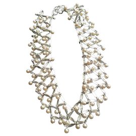 Christian Dior Colar de metal branco com pérolas Branco Hardware prateado