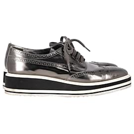Prada-Prada Metallic Brogue Platform Low Top Sneakers in Silver Leather-Silvery,Metallic