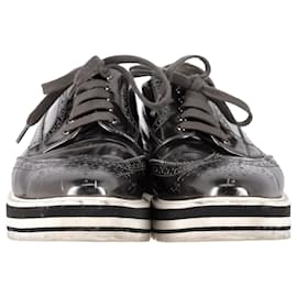 Prada-Prada Metallic Brogue Platform Low Top Sneakers in Silver Leather-Silvery,Metallic