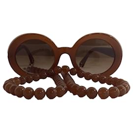 Chanel- Chanel CH5489 Round Frame Beaded Sunglasses in Brown Acetate-Brown,Red