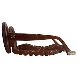 Chanel- Chanel CH5489 Round Frame Beaded Sunglasses in Brown Acetate-Brown,Red