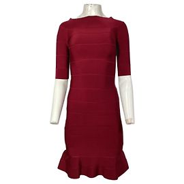 Abito svasato con scollo a barca Herve Leger in rayon rosso Rosso