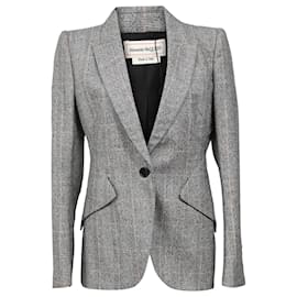 Alexander Mcqueen-Alexander McQueen Check-Pattern Single-Breasted Blazer in Grey Wool-Grey