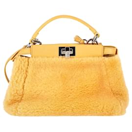Fendi- Fendi Mini Peekaboo Shearling Handbag in Yellow Sheepskin-Yellow