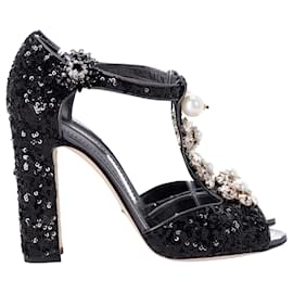 Dolce & Gabbana- Dolce & Gabbana Embellished Peep-Toe Sandals in Black Sequin-Black