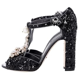 Dolce & Gabbana- Dolce & Gabbana Embellished Peep-Toe Sandals in Black Sequin-Black