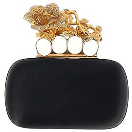 Alexander McQueen Floral Knuckle Clutch in Black Satin  Black